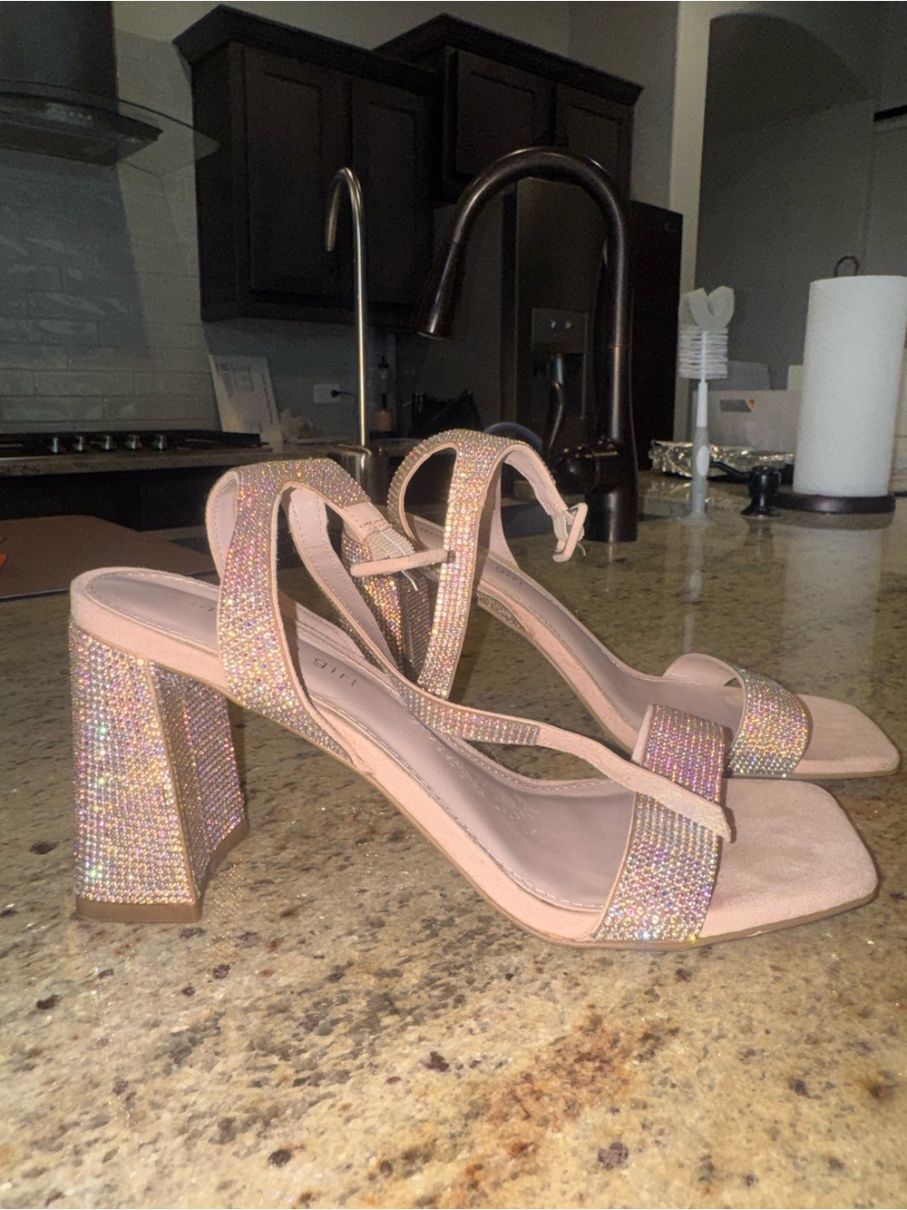 Madden Girl Sparkle Block Heel Sandals in Blush Pink
